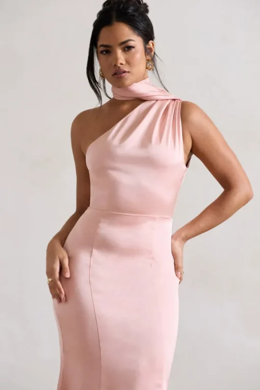 Golden Girl | Blush Pink Satin One Shoulder High-Neck Flared Midi Dress