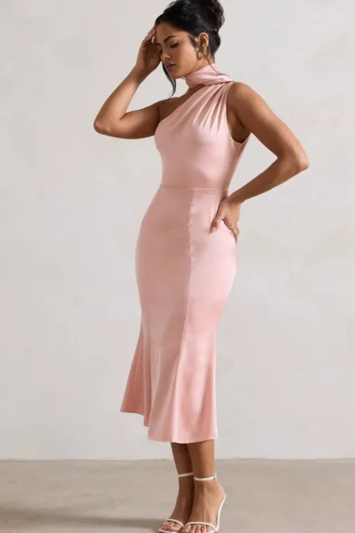 Golden Girl | Blush Pink Satin One Shoulder High-Neck Flared Midi Dress