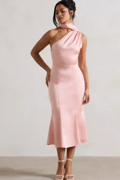 Golden Girl | Blush Pink Satin One Shoulder High-Neck Flared Midi Dress