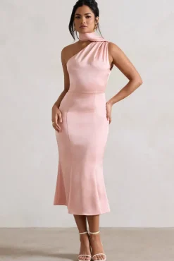 Golden Girl | Blush Pink Satin One Shoulder High-Neck Flared Midi Dress