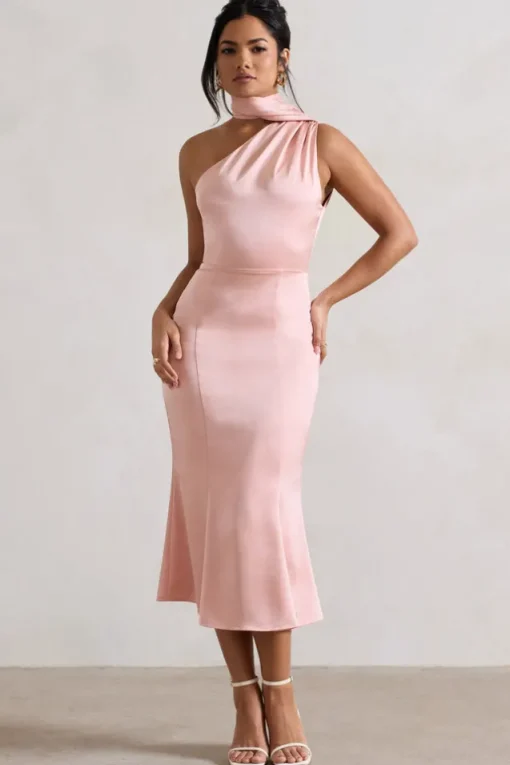 Golden Girl | Blush Pink Satin One Shoulder High-Neck Flared Midi Dress