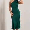 Golden Girl | Bottle Green Satin One Shoulder High-Neck Flared Midi Dress