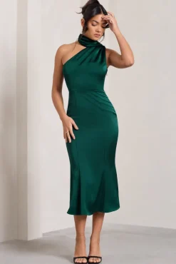 Golden Girl | Bottle Green Satin One Shoulder High-Neck Flared Midi Dress
