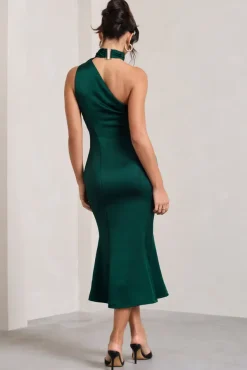 Golden Girl | Bottle Green Satin One Shoulder High-Neck Flared Midi Dress