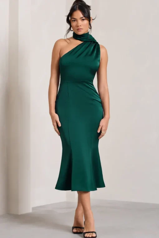 Golden Girl | Bottle Green Satin One Shoulder High-Neck Flared Midi Dress