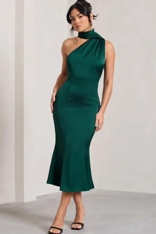 Golden Girl | Bottle Green Satin One Shoulder High-Neck Flared Midi Dress