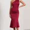 Golden Girl | Burgundy Satin One Shoulder High-Neck Flared Midi Dress
