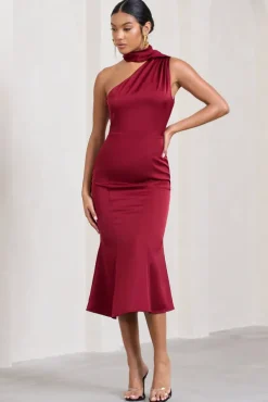 Golden Girl | Burgundy Satin One Shoulder High-Neck Flared Midi Dress