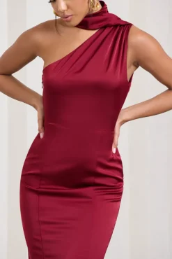 Golden Girl | Burgundy Satin One Shoulder High-Neck Flared Midi Dress