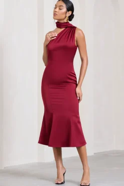 Golden Girl | Burgundy Satin One Shoulder High-Neck Flared Midi Dress