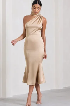Golden Girl | Champagne Satin One Shoulder High-Neck Flared Midi Dress
