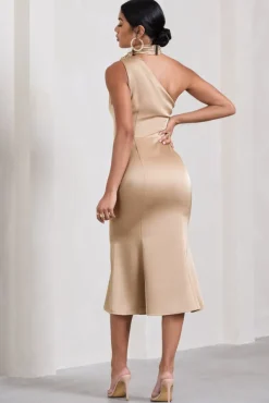 Golden Girl | Champagne Satin One Shoulder High-Neck Flared Midi Dress