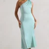 Golden Girl | Mint Satin One Shoulder High-Neck Flared Midi Dress