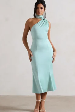 Golden Girl | Mint Satin One Shoulder High-Neck Flared Midi Dress