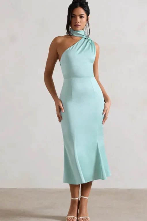 Golden Girl | Mint Satin One Shoulder High-Neck Flared Midi Dress