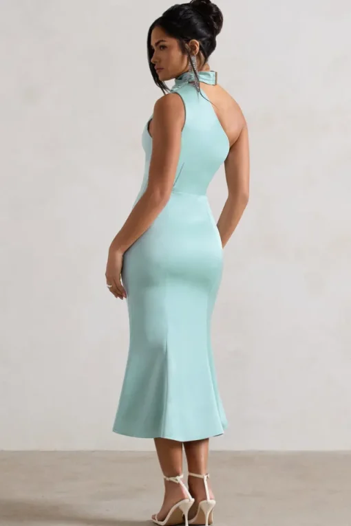 Golden Girl | Mint Satin One Shoulder High-Neck Flared Midi Dress