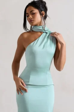 Golden Girl | Mint Satin One Shoulder High-Neck Flared Midi Dress