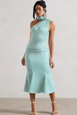 Golden Girl | Mint Satin One Shoulder High-Neck Flared Midi Dress