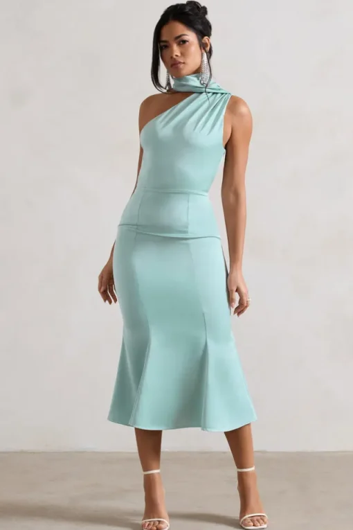 Golden Girl | Mint Satin One Shoulder High-Neck Flared Midi Dress