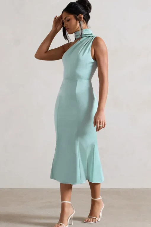 Golden Girl | Mint Satin One Shoulder High-Neck Flared Midi Dress