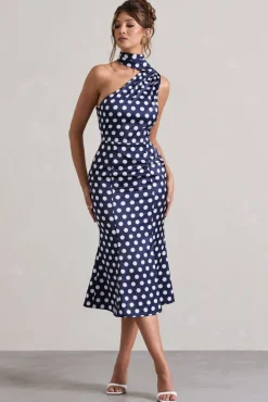 Golden Girl | Navy Polka Dot Asymmetric High-Neck Flared Midi Dress