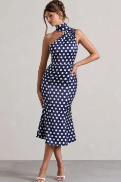 Golden Girl | Navy Polka Dot Asymmetric High-Neck Flared Midi Dress