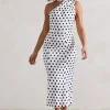 Golden Girl | White Polka Dot One Shoulder High-Neck Flared Midi Dress