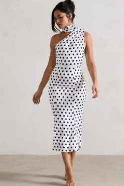 Golden Girl | White Polka Dot One Shoulder High-Neck Flared Midi Dress