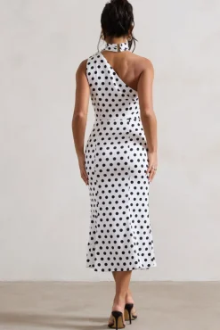 Golden Girl | White Polka Dot One Shoulder High-Neck Flared Midi Dress