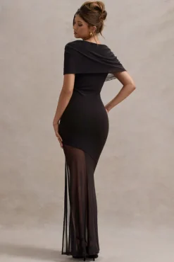 Gomez | Black Mesh Cowl-Neck Split Maxi Dress