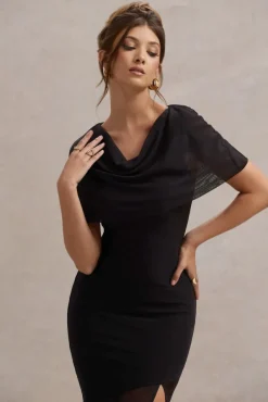 Gomez | Black Mesh Cowl-Neck Split Maxi Dress