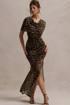 Gomez | Leopard Print Mesh Cowl-Neck Split Maxi Dress