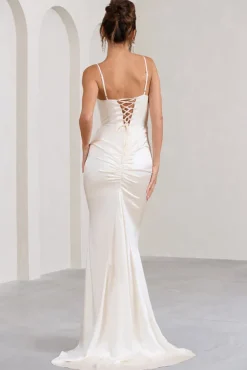 Grand Gift | Cream Satin Corset Draped Fishtail Maxi Dress