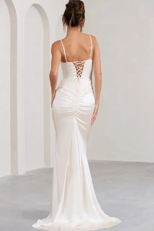 Grand Gift | Cream Satin Corset Draped Fishtail Maxi Dress