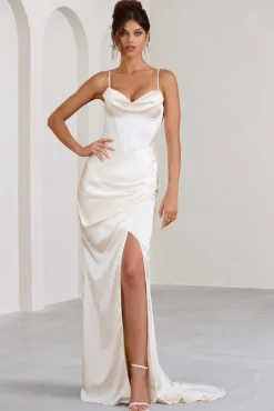 Grand Gift | Cream Satin Corset Draped Fishtail Maxi Dress