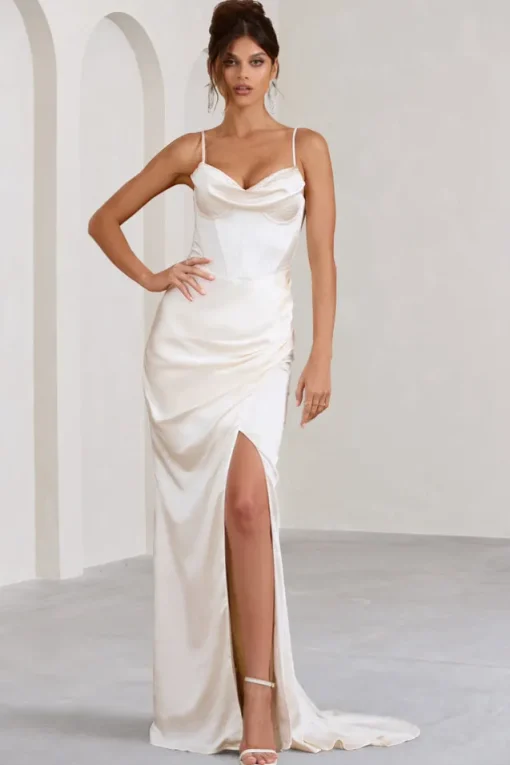 Grand Gift | Cream Satin Corset Draped Fishtail Maxi Dress