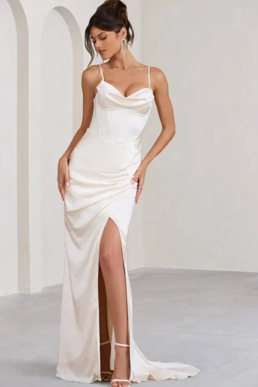 Grand Gift | Cream Satin Corset Draped Fishtail Maxi Dress