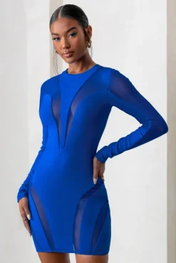 Grand Style | Royal Blue Mesh High Neck Cut Out Long Sleeves Mini Dress