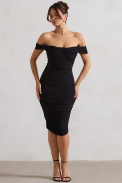 Gratitude | Black Velvet Off The Shoulder Ruched Midi Dress