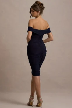 Gratitude | Navy Off The Shoulder Ruched Midi Dress