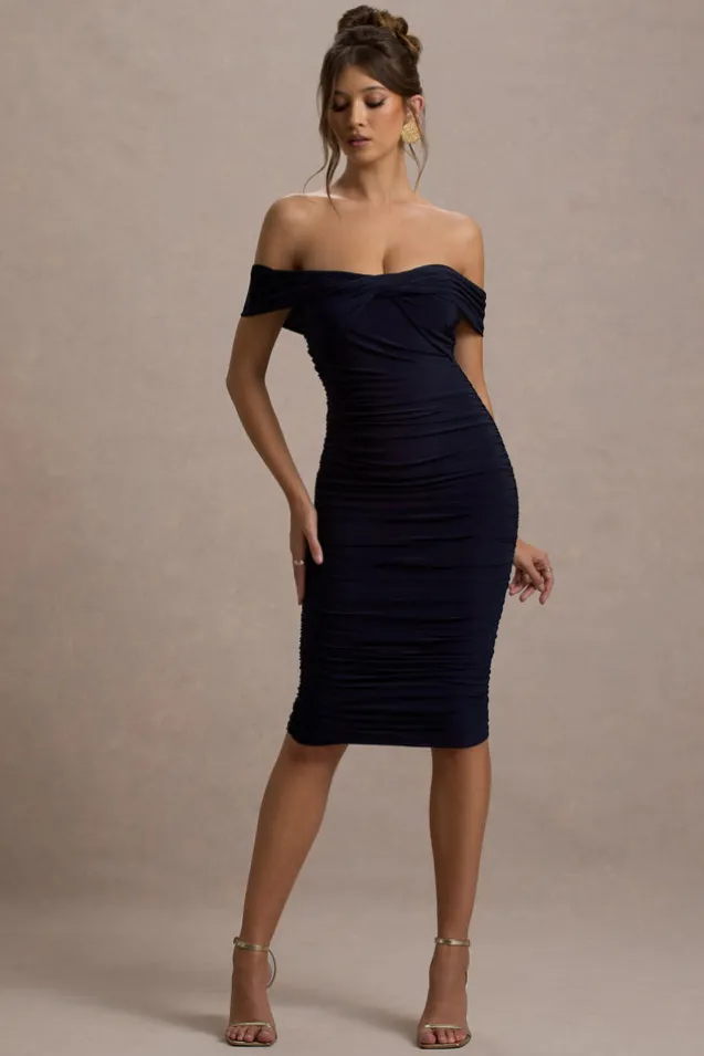 Gratitude | Navy Off The Shoulder Ruched Midi Dress