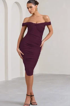 Gratitude | Plum Off The Shoulder Ruched Midi Dress