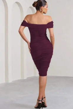 Gratitude | Plum Off The Shoulder Ruched Midi Dress