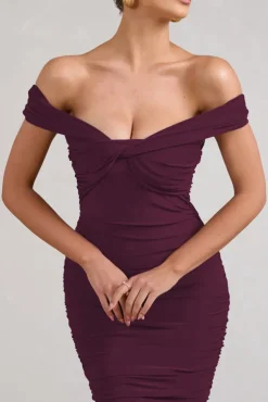 Gratitude | Plum Off The Shoulder Ruched Midi Dress