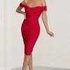 Gratitude | Red Off The Shoulder Ruched Midi Dress