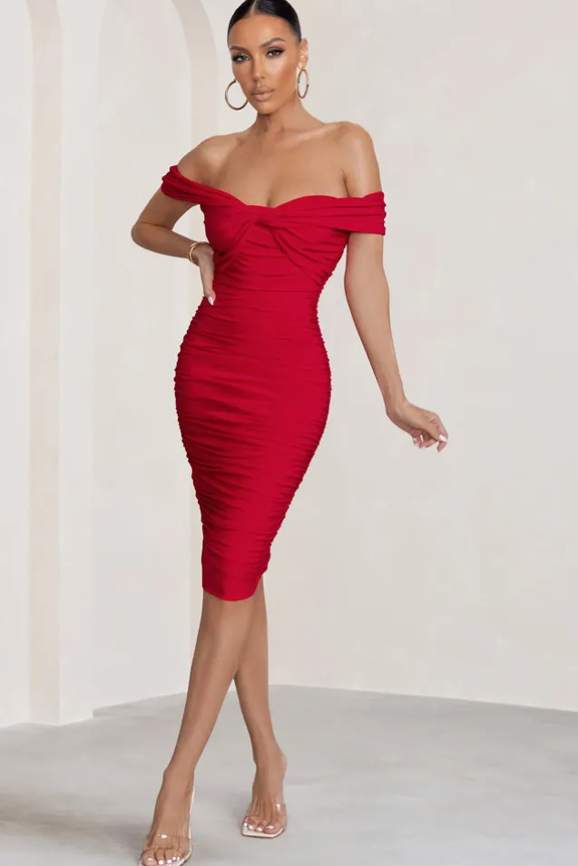 Gratitude | Red Off The Shoulder Ruched Midi Dress