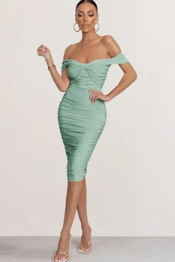 Gratitude | Sage Off The Shoulder Ruched Midi Dress