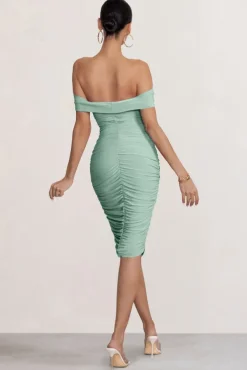 Gratitude | Sage Off The Shoulder Ruched Midi Dress