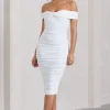 Gratitude | White Off The Shoulder Ruched Midi Dress