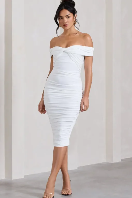 Gratitude | White Off The Shoulder Ruched Midi Dress